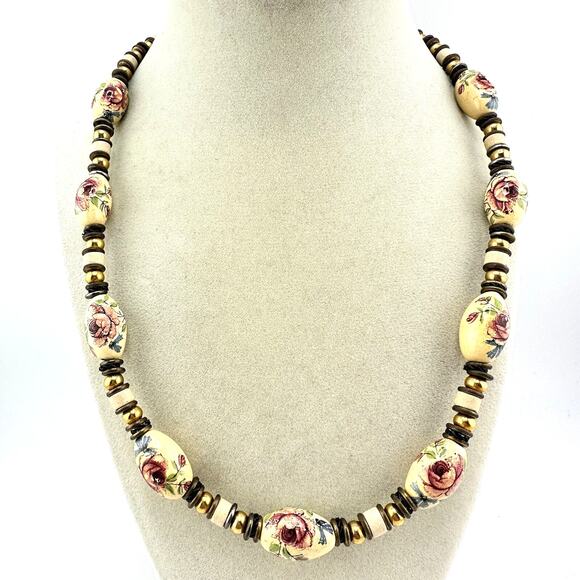 Unbranded Jewelry - Vintage Glass Rose Transfer Gold Tone Beaded Romantic Sweet 20” Necklace